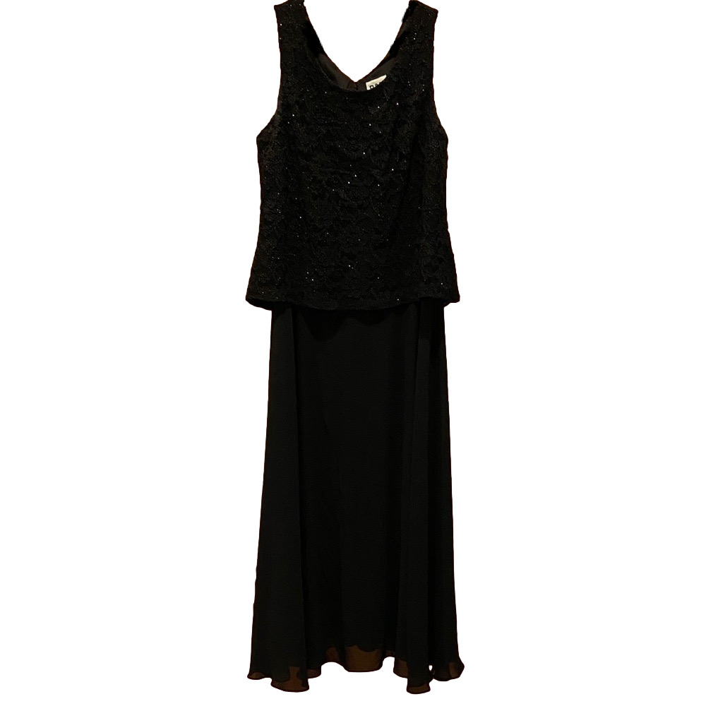 R&M Richards Black Lace Beaded Bodice with Chiffon Skirt Bottom Dress Size 16
